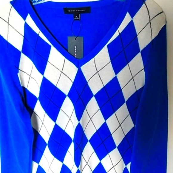 ARGYLE Blue White SWEATER V-neck Tommy Hilfiger Y2K Classy Lady Size Medium - Picture 1 of 6